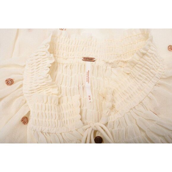 Free People Womans Peasant Blouse Shirt Top Sz M Ecru Beige Gold Dots Oversized - Picture 6 of 6